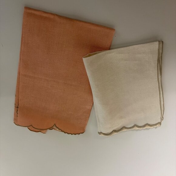Embroidered Linen Tea Towels Peach Cream Scalloped Edges Butterfly Vintage Set 2 - Picture 4 of 7